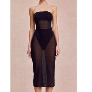 NWT Khy Strapless Mesh Midi Dress Womens XS Black Sheer Bodycon Tube Dress